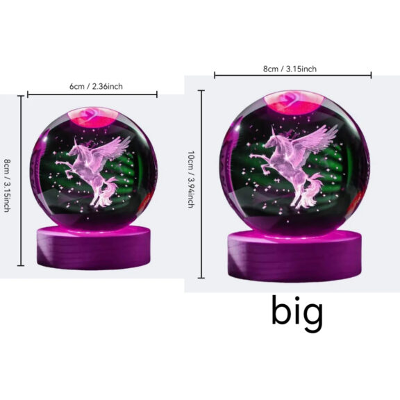 3D Unicorn Crystal Ball LED Night Light with Wooden Base