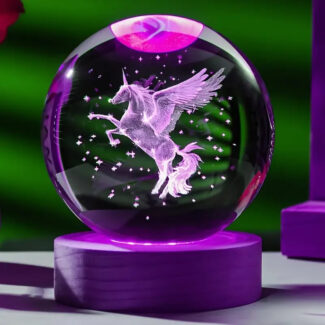 3D Unicorn Crystal Ball LED Night Light with Wooden Base