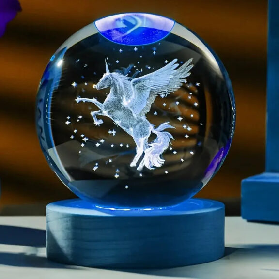 3D Unicorn Crystal Ball LED Night Light with Wooden Base