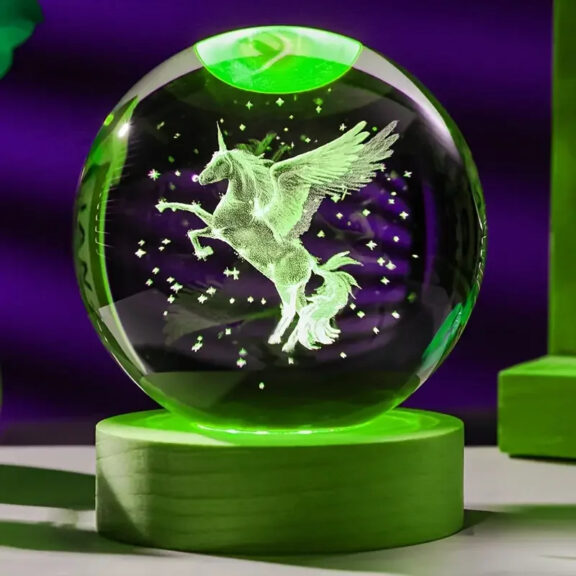 3D Unicorn Crystal Ball LED Night Light with Wooden Base